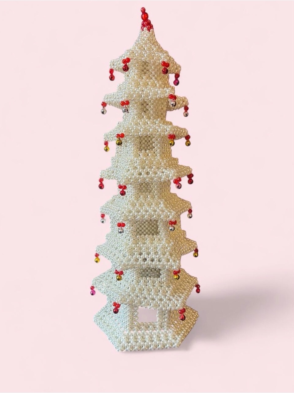 VTG Handmade Beaded Pagoda Tower White Faux Pearl Beads Asian Folk Art Holiday